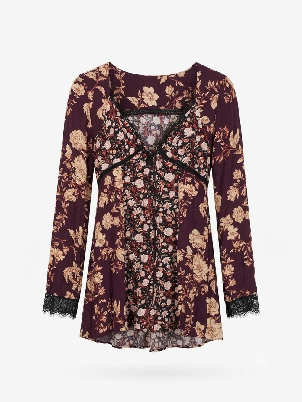NWT Free People Odette Purple Mixed Floral Lace Trim V-Neck Tunic Size M